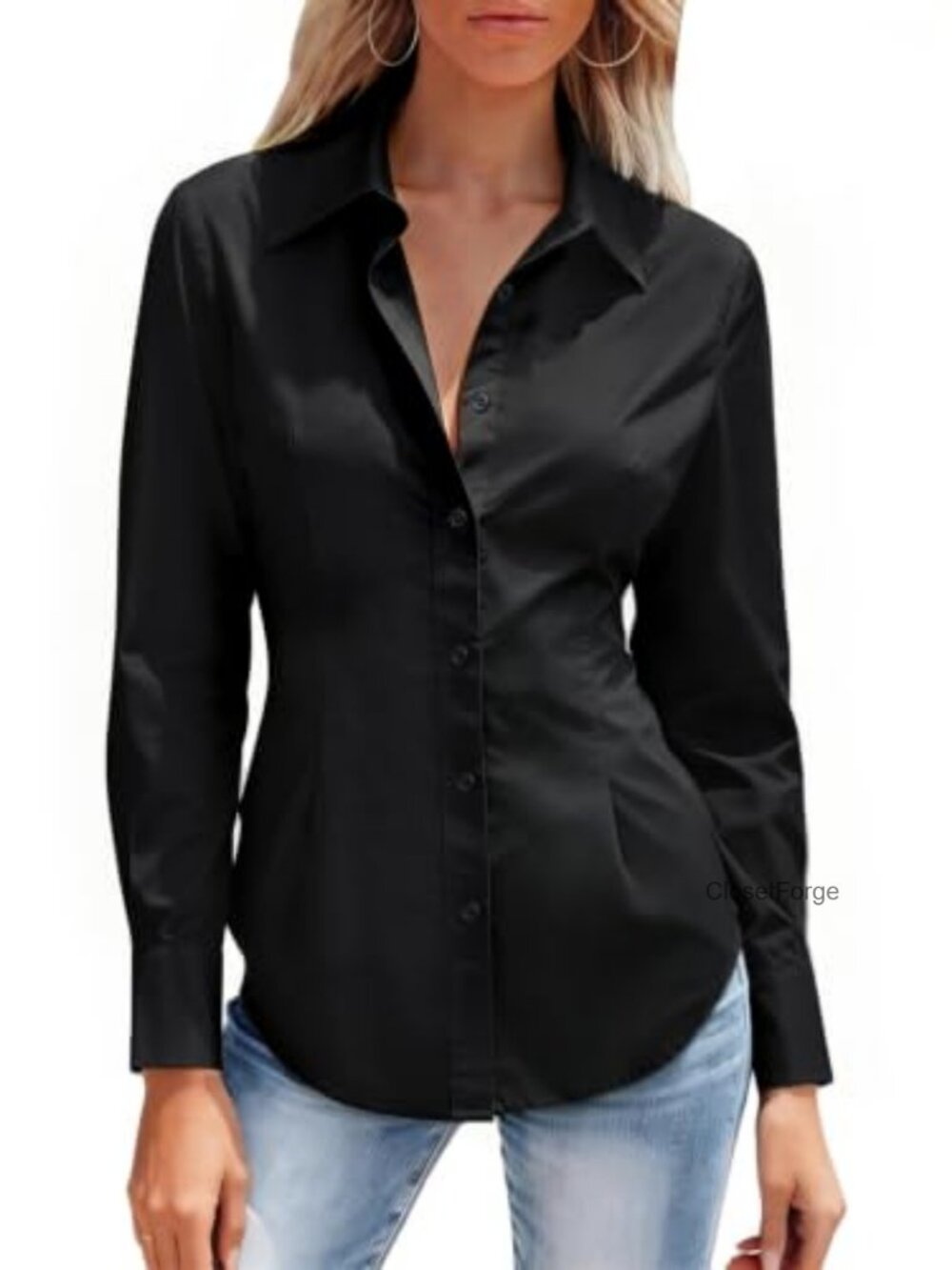 Women's Button Down Shirt Long Sleeve Wrinkle Free Polyester Collared Work